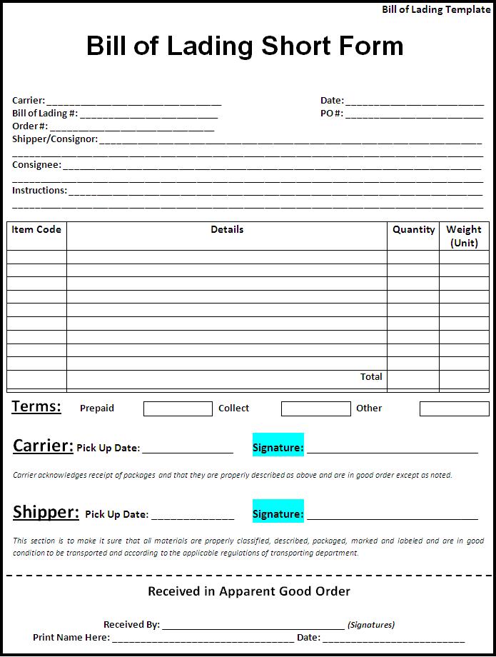 Bill Of Lading Printable Template