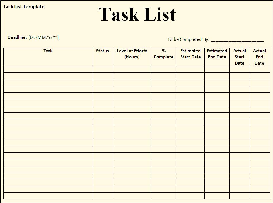 Task List Template For Team