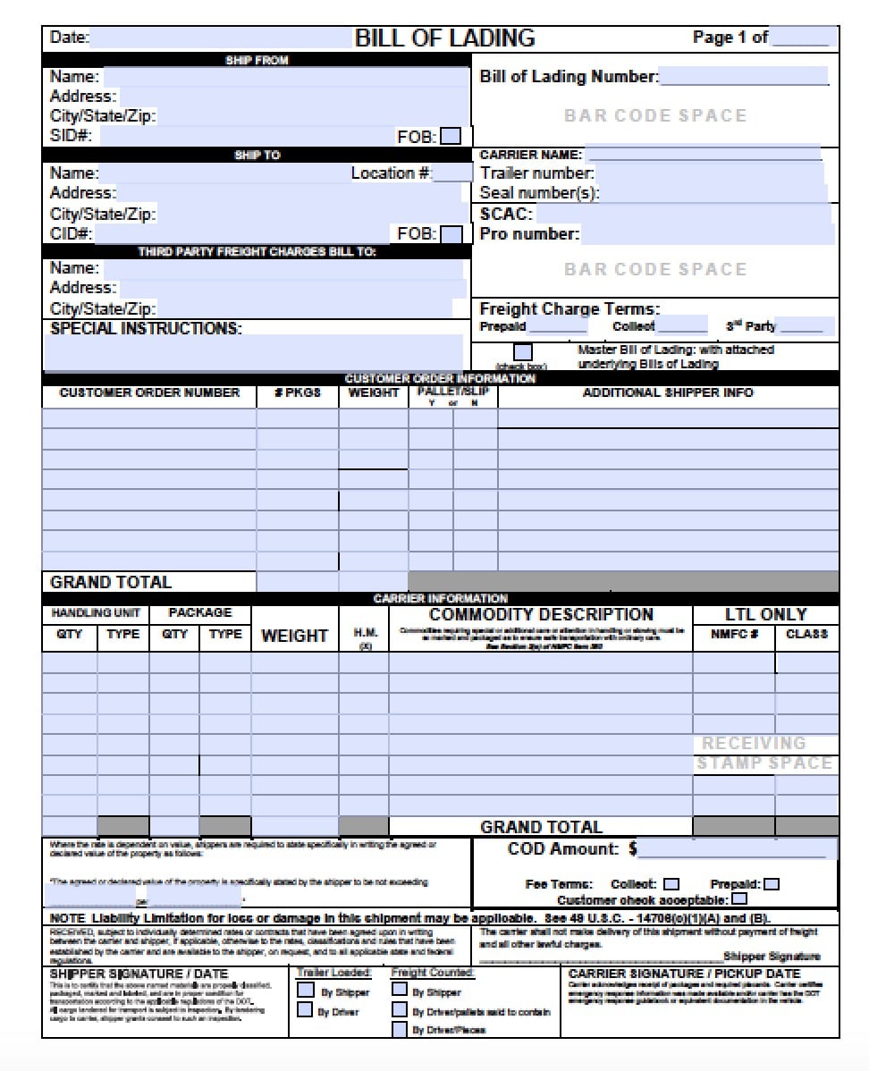bill of lading template 1