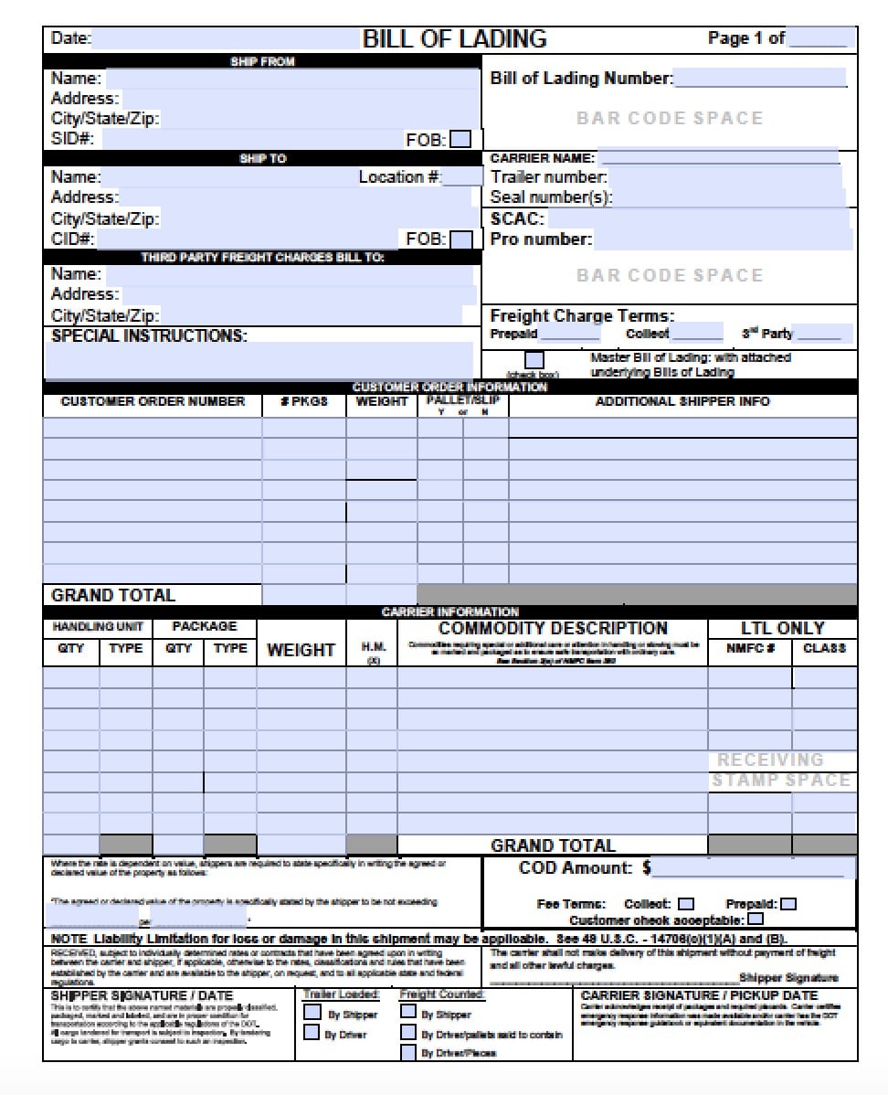 5 Free Bill of Lading Templates Excel PDF Formats